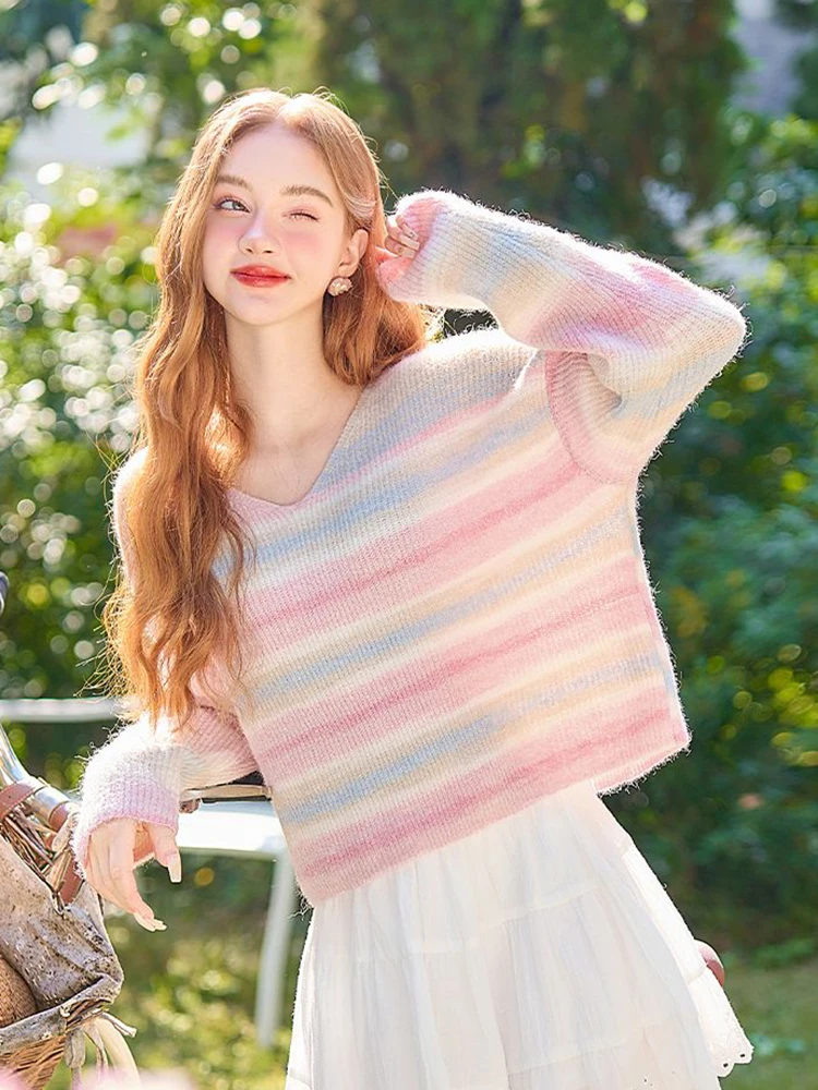 Jmprs Cute Japan Rainbow Sweaters Women Sweet Fashion Knitted Pullovers Casual Preppy Style Long Sleeve Female V Neck Jumper Top