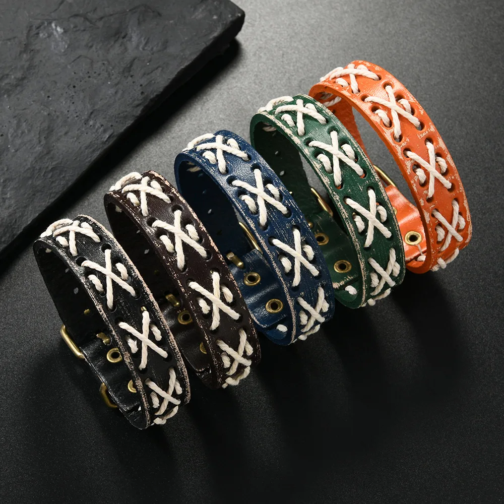 European and American cross-border new multi-color simple retro punk style hemp rope woven cowhide bracelet adjustable men's bra