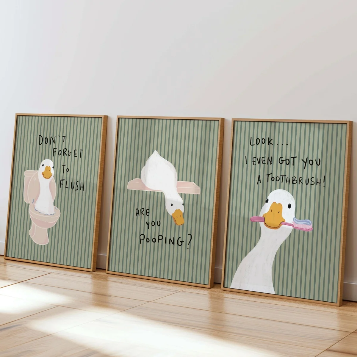 1/3 Stück Lustige Enten-Leinwandbilder mit Grünen Streifen, Humorvolle Zitate, Tier-Kunstdrucke, Badezimmer- und Kinderzimmer-Wandkunst, Heim-Dekor-Poster