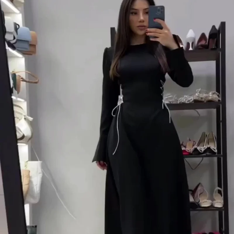 

European Station2025Autumn New Bell Sleeve Tie Design Long Sleeve Waist-Cinching Round Neck Dress for Women