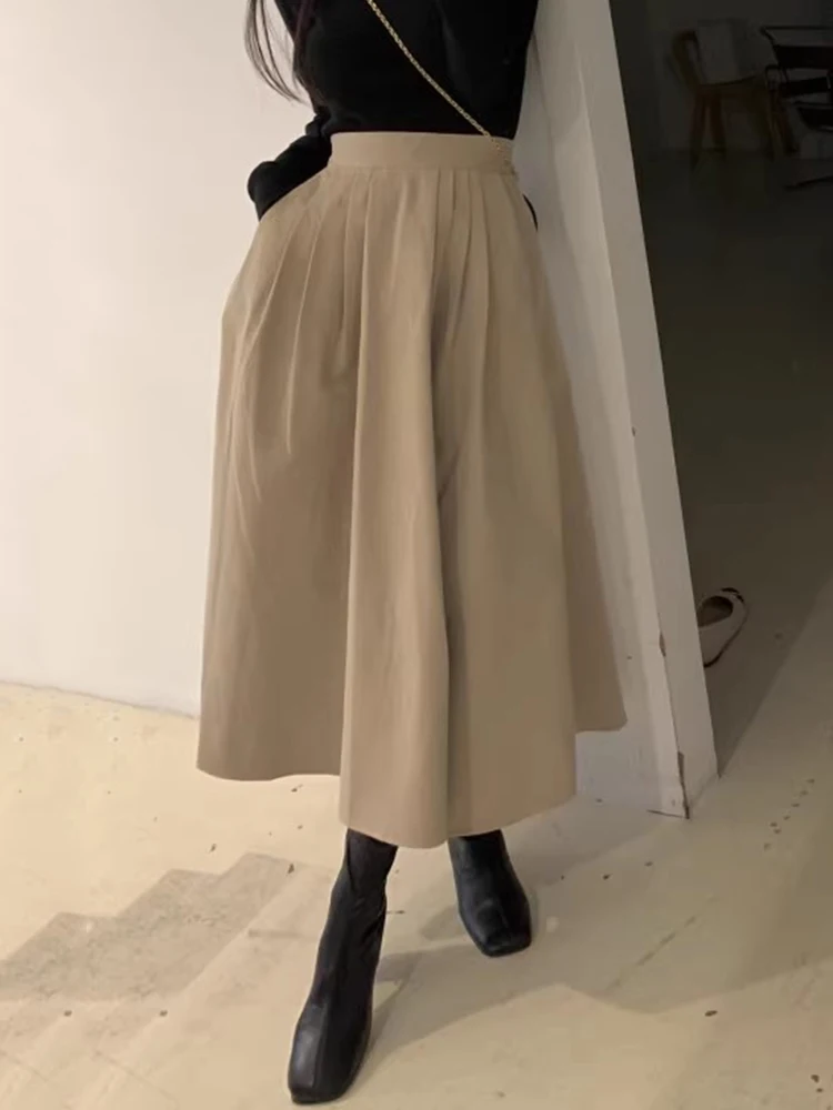 Chique A-lijn rok met hoge taille Vintage geplooid ontwerp Lange midi-rok Dames Faionable Veelzijdige afslankende f-lengte rok