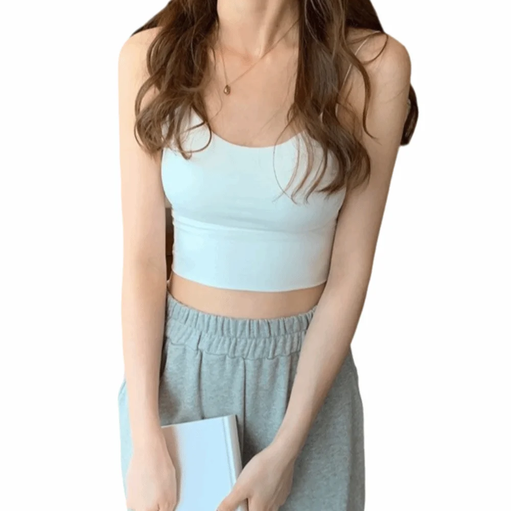 Solid Color Ice Silk Tube Top Thin Shoulder Straps Chest Pads Wireless Bralette Underwire Support Backless Design