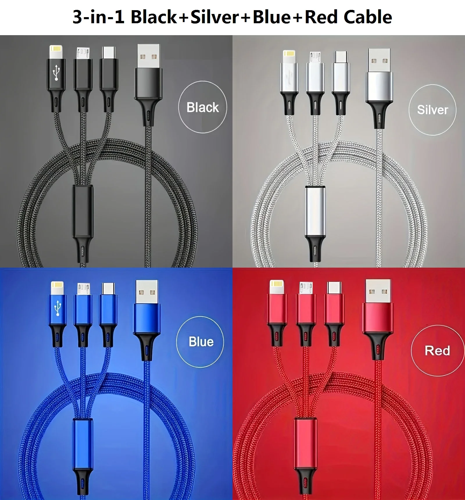 2 uds Cable de carga 3 en 1 Cable cargador USB tipo C 1,2 M MultiPuerto Micro para iPhone 13 14 Pro Max Samsung Galaxy Xiaomi 12