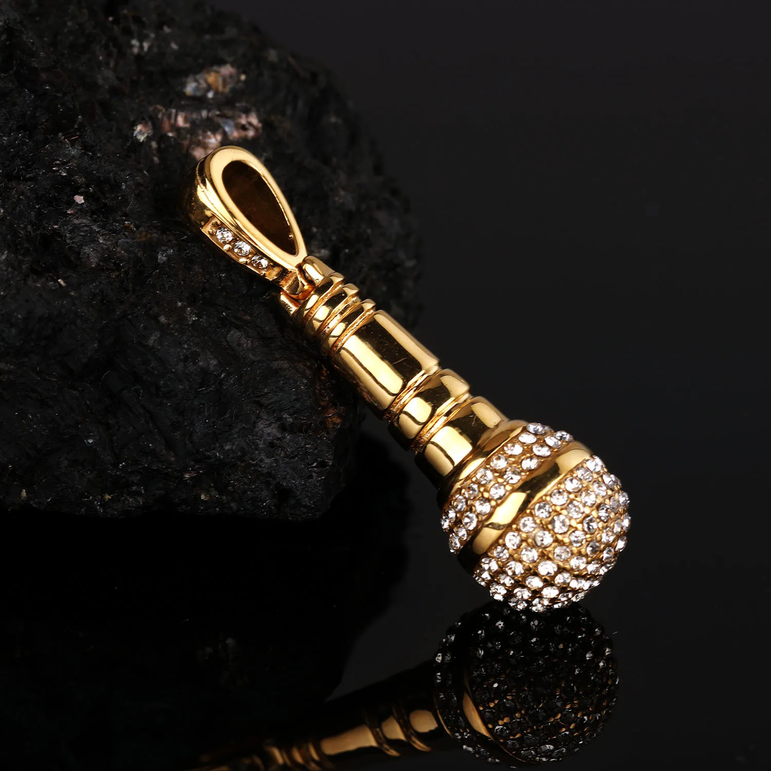 Hip Hop Iced Out Bling Microphone Pendant Gold Color Stainless Steel Music Necklace For Women Men Rapper Party Jewelry Gift