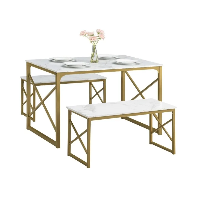 Kitchen Table with 2 Benches for 4, Wood Dining Room Dinette Sets with Metal Frame for Breakfast Nook and Small Space