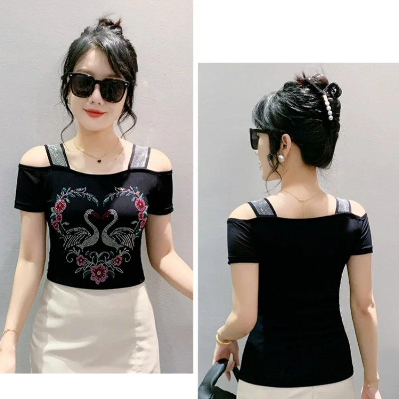 New Fashion Diamond Double-layer Ice Silk Mesh T-Shirt For Women's Summer Short Sleeved Sexy Off Shoulder Slim Tees Shirt