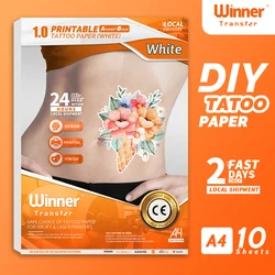 WinnerTransfer-papel de impresión de tatuaje blanco, papel imprimible transparente, tatuajes temporales para impresora láser y de inyección de tinta A4, 10 hojas