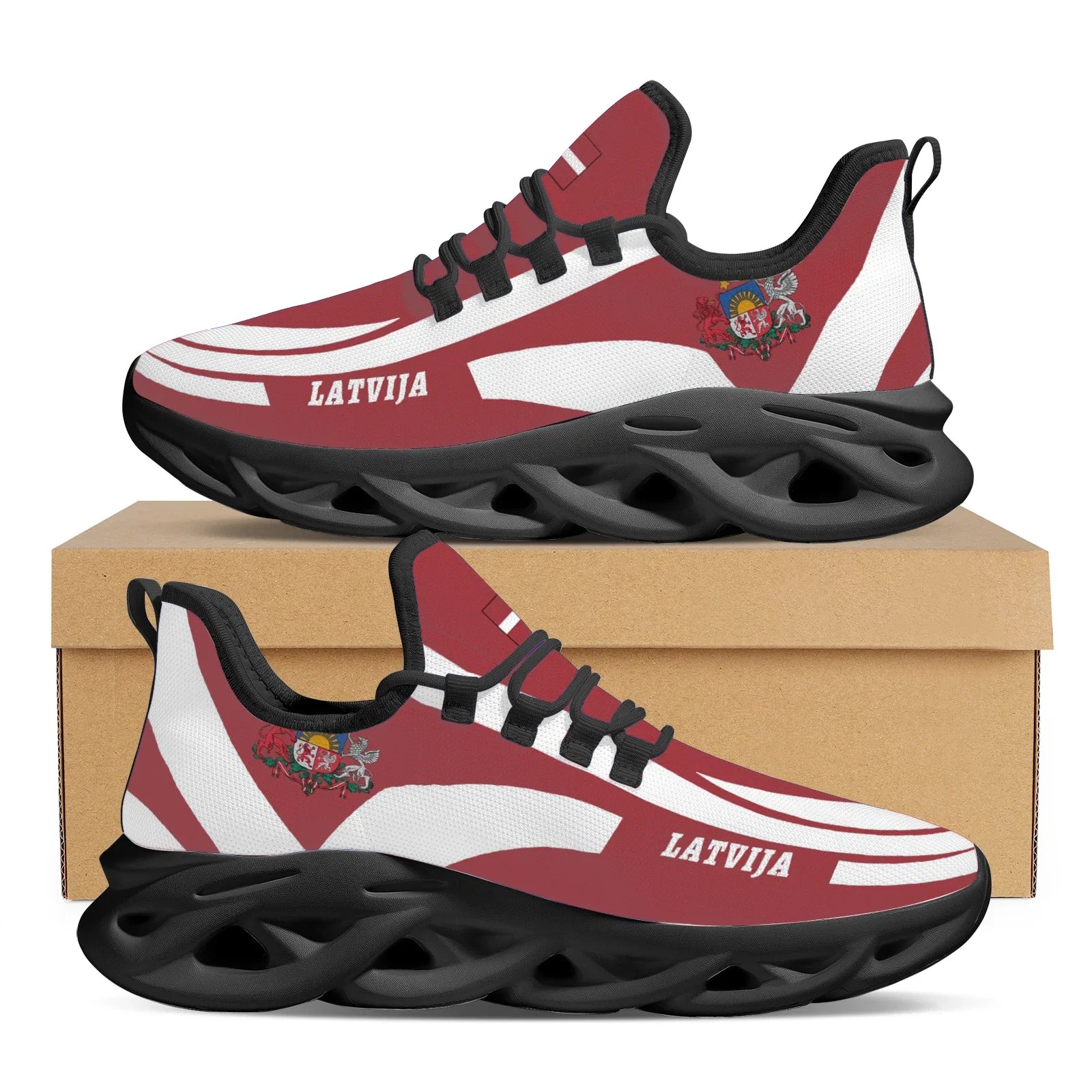 Red And White Latvia Country Flag Design Thick-soled Blade Shoes Lightweight Outdoor Shockproof Sports Shoes Zapatos