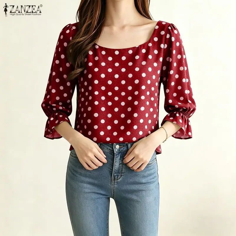 Blusas elegantes con cuello cuadrado para mujer, blusas con mangas abullonadas 3/4 y puños elásticos, blusas informales de uso diario con lunares ZANZEA