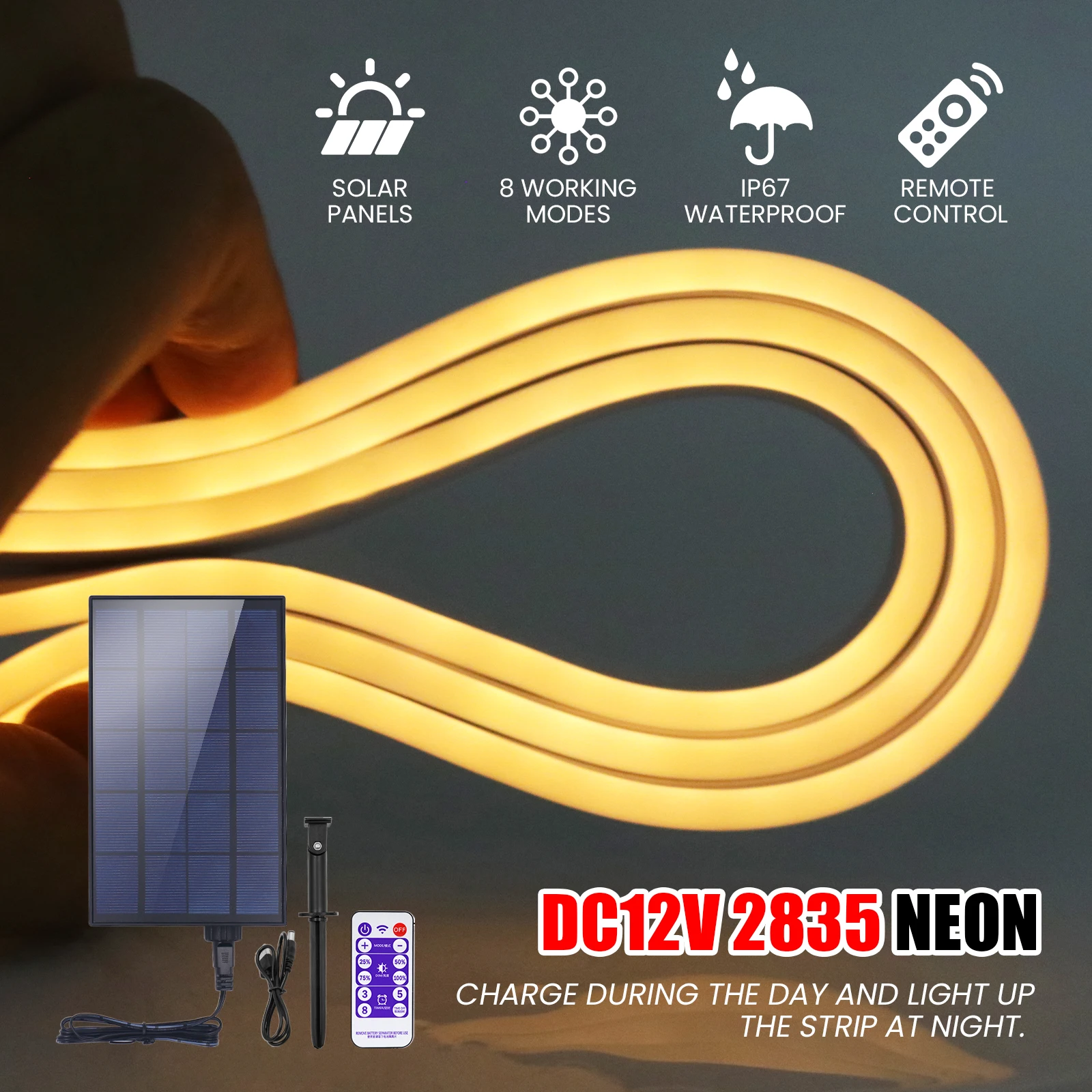 12V Outdoor Solar Silicone Neon LED Strip 120LEDs/M 2835 6*12MM Shape Waterproof 1M 2M 3M 4M 5M For Garden Decoration Solar Lamp