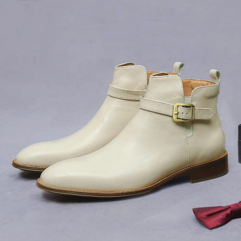 

Men's New Cowhide Boots | European &American Belt Buckle Light Color Leather Business Zipper Fashion Genuine Leather Ankle Boots