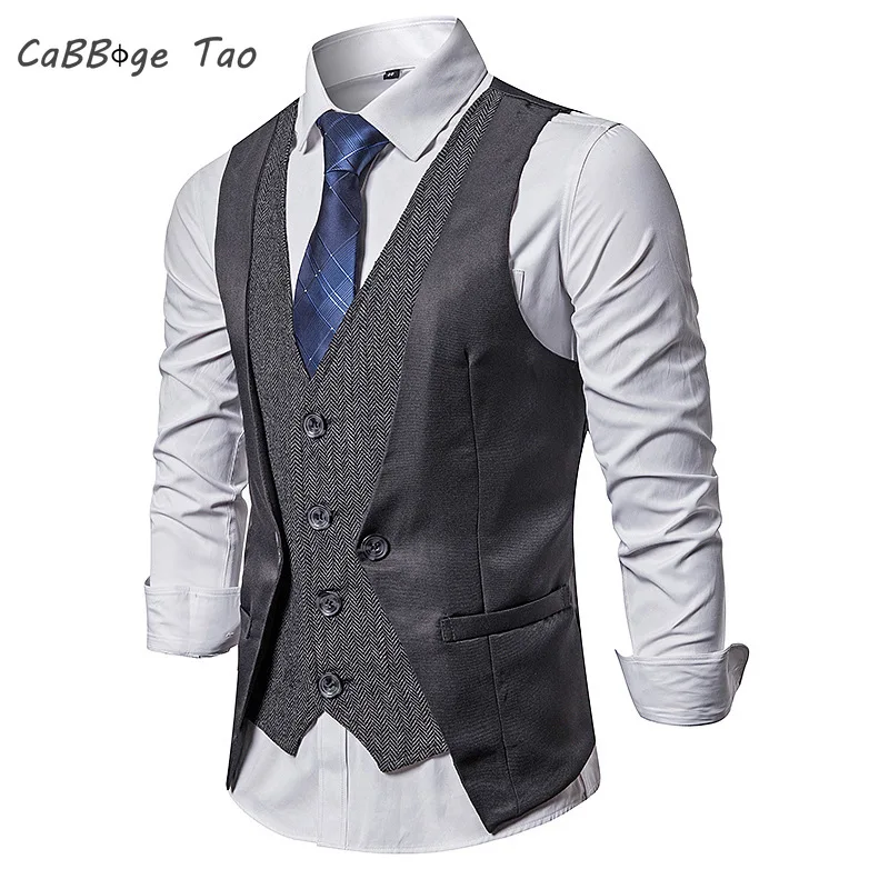 Spring New Men\'s Personalized Patchwork Fake Two-piece Single Breasted Casual Slim Fit Solid Color Vest Top