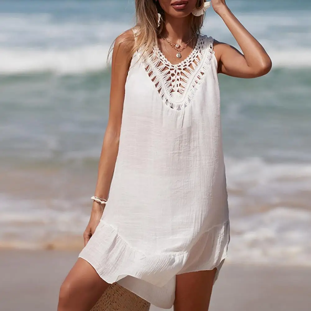 

Loose Fit Dress Stylish Lace-up Crochet Beach Dress for Women V Neck Hollow Out Swimsuit Coverup with Sun Protection Solid Color