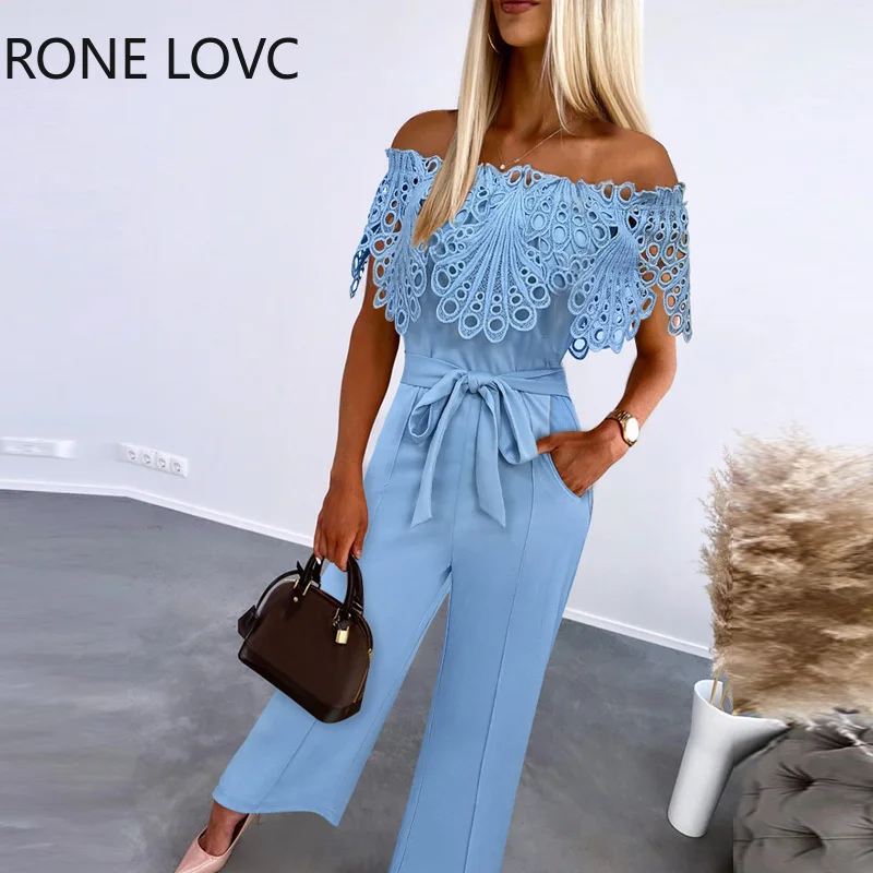 

Women Elegant Solid Hook Flower Hollow Slash Neck with Belts Straight Ankle Length Jumpsuits