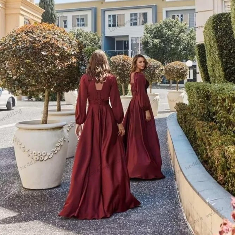 Women's V-Neck Bridesmaid Dress Satin A-Line Long Sleeved Evening Dress Elegant Solid Color Dinner Party Side Slit Customized