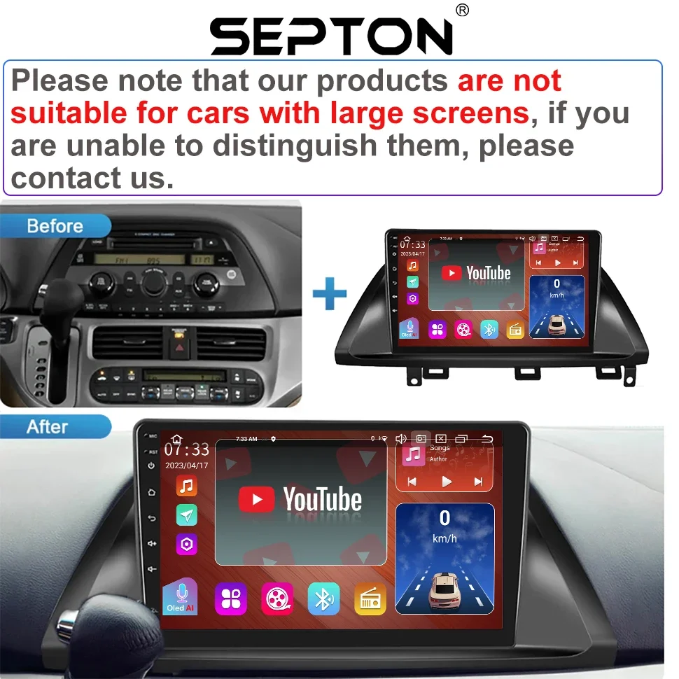 SEPTON Car Radio Screen Player  for Honda Odyssey 2005 - 2010 US EDITION GPS Android Auto Radio 4G Net WIFI 8+256G Automotivo