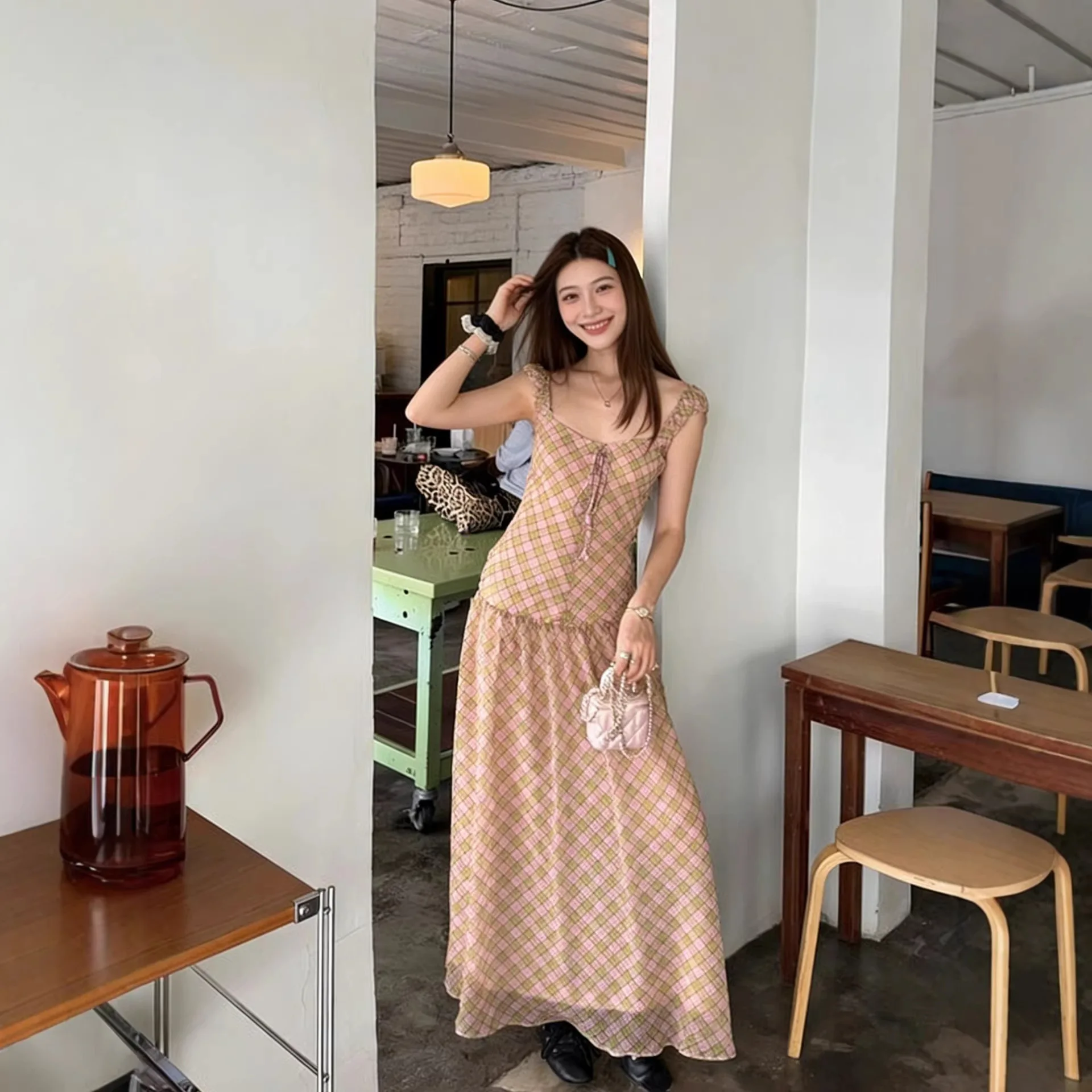 

Elegant Commuter Retro Bow Straps Contrasting Plaid Pinch Pleated Long Dress Plaid Dress