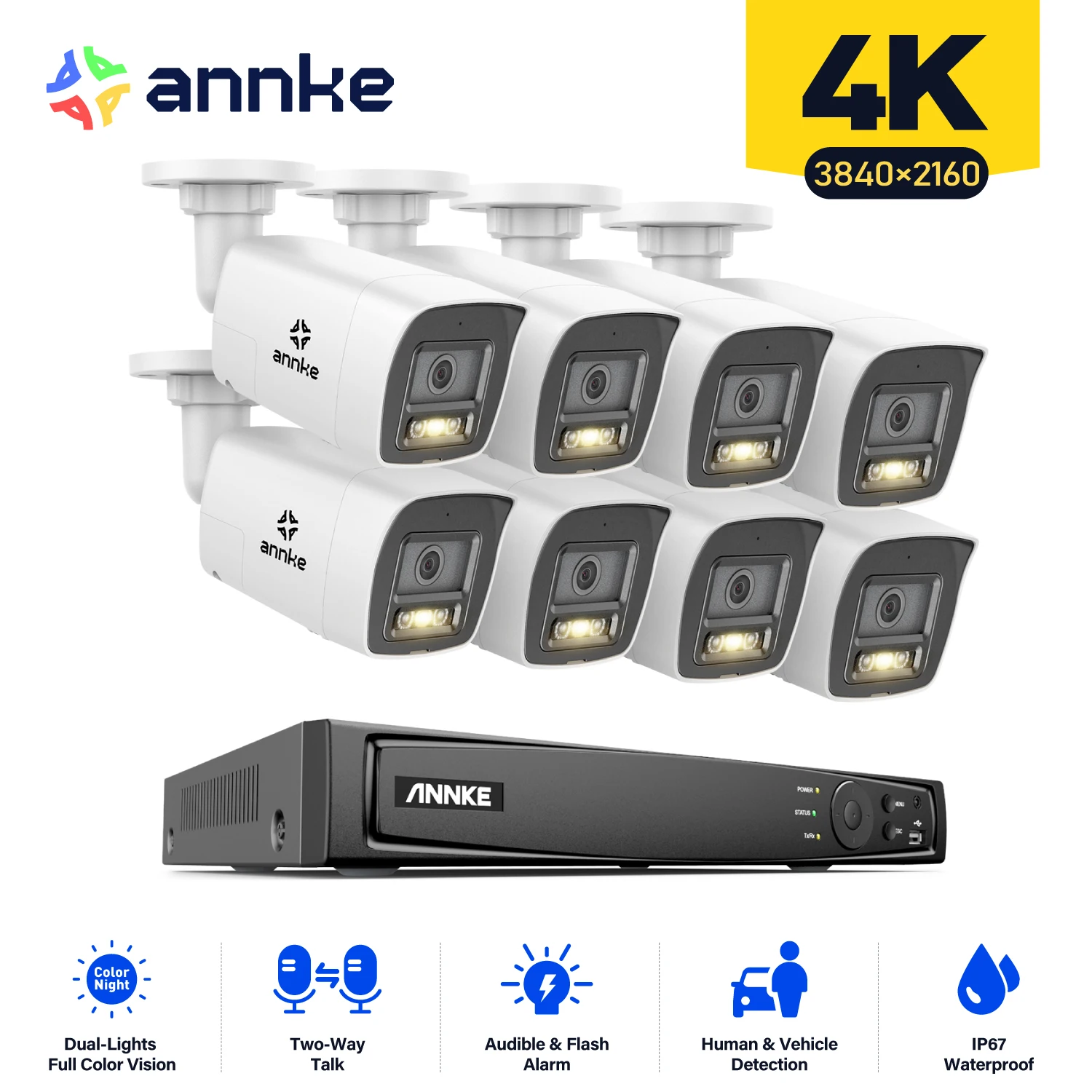 ANNKE 8PCS Cam 8CH 8MP POE Security Camera System Two Way Audio 4K NVR Kit CCTV Outdoor IP Camera H.265+ Video Surveillance Set