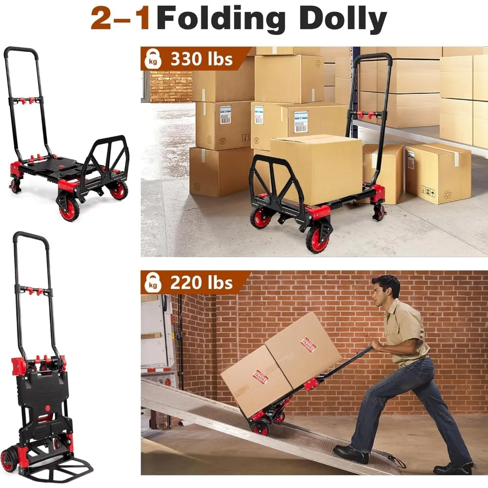 2 in 1 Folding Hand Truck Dolly, 330LB Capacity Portable Folding Hand Cart, Hand Truck Foldable Dolly w/Retractable Handle