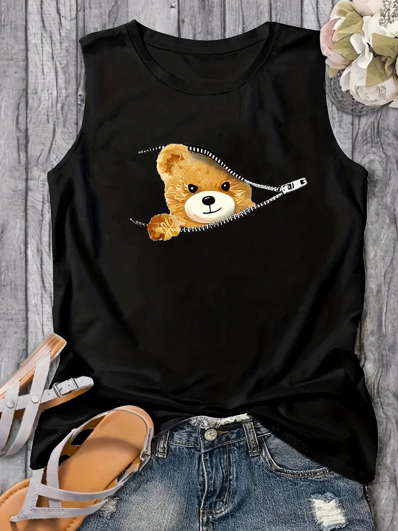 Women's Summer Bear cartoon Print Large Casual Round Neck Sleeveless Loose Tank Top T-shirt