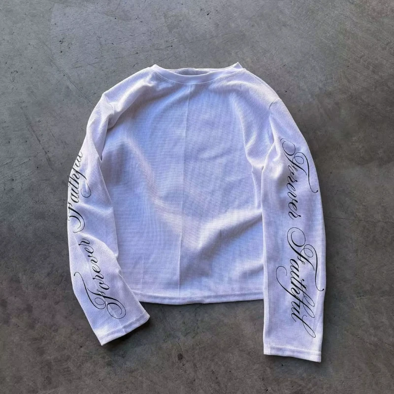 Summer American Retro Brief Y2K Long Sleeve T-Shirt Casual Round Neck Lightweight Sports Top Letter Print Streetwear Clothing