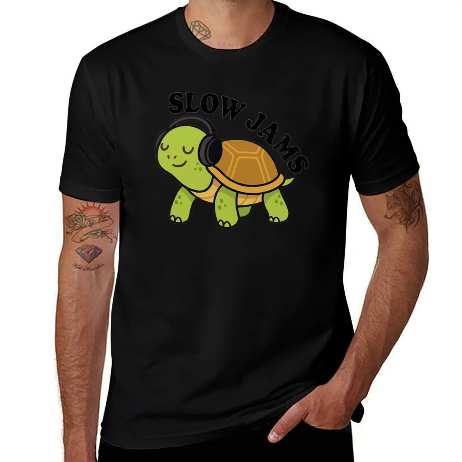 

Slow Jams – Turtle with Headphones T-Shirt funny shirt cotton oversized graphic tee clothes sweat shirts, men