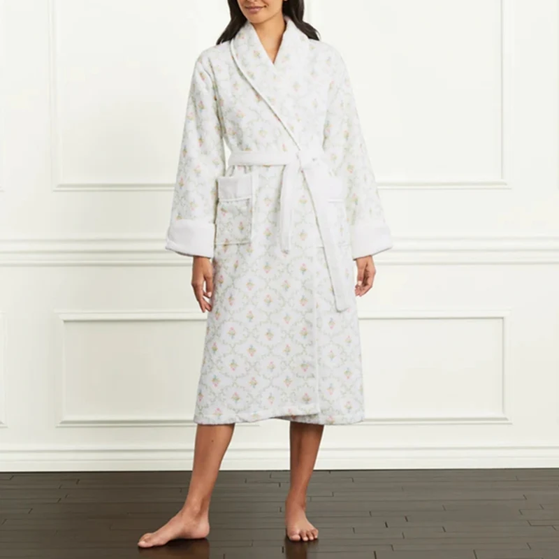 Women Fall Winter Prints Robes with Pockets Retro Lapel Long Sleeve Cozy Sleepwear Comfort Soft Long Sleepwear Lounge for Hotel