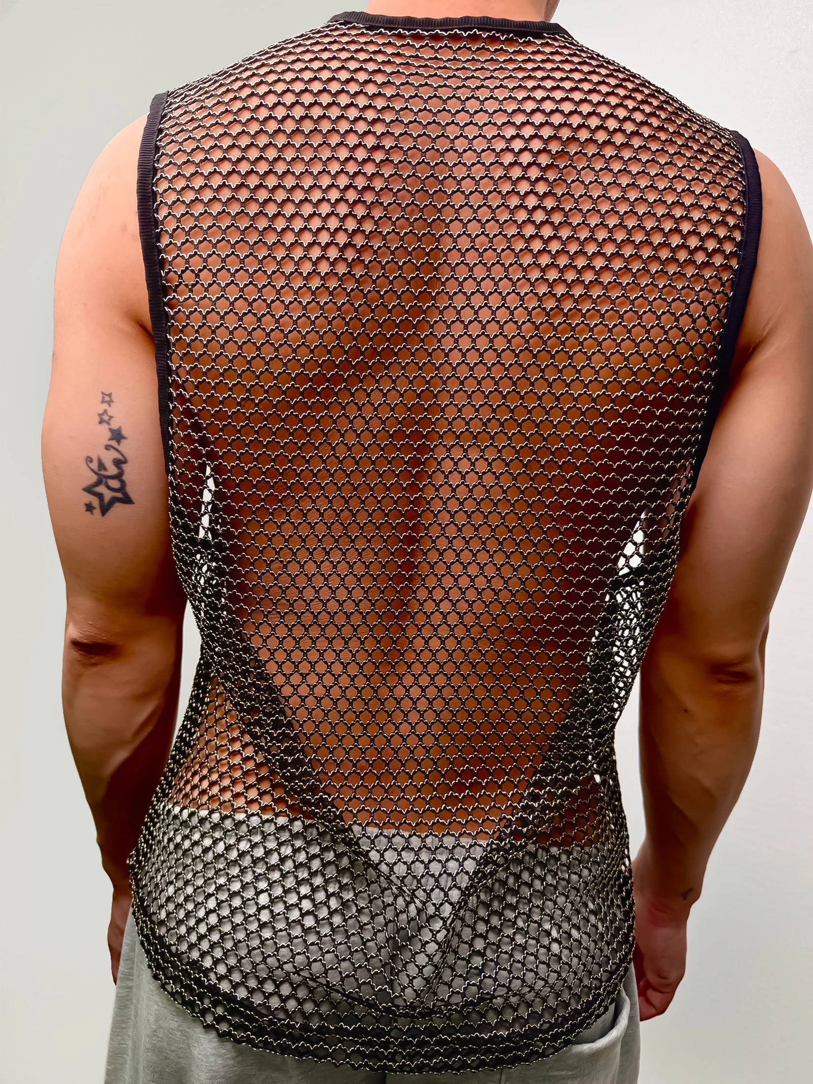 Sommer Herren Rundhals Sport-Tanktops, Hohles Netzgewebe, Ärmellos, für Laufen, Fitness, Training, Sportweste, Glänzend, Durchsichtig – Detail 14