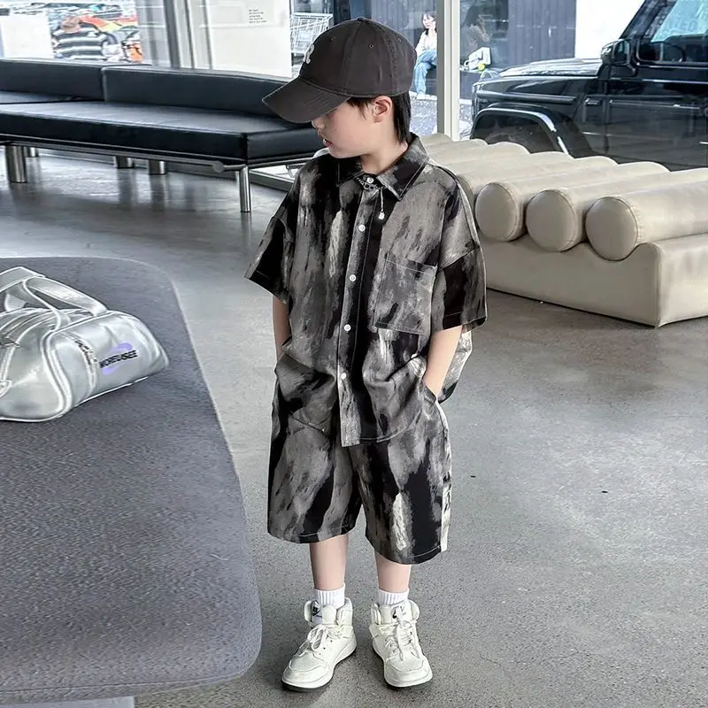 

Boys Fashion Summer Tye-die Short Sleeve Shirts+Pants 2pcs Suits 4-14 Years Kids Trend Streetwear Oufits Sets Children Clothing