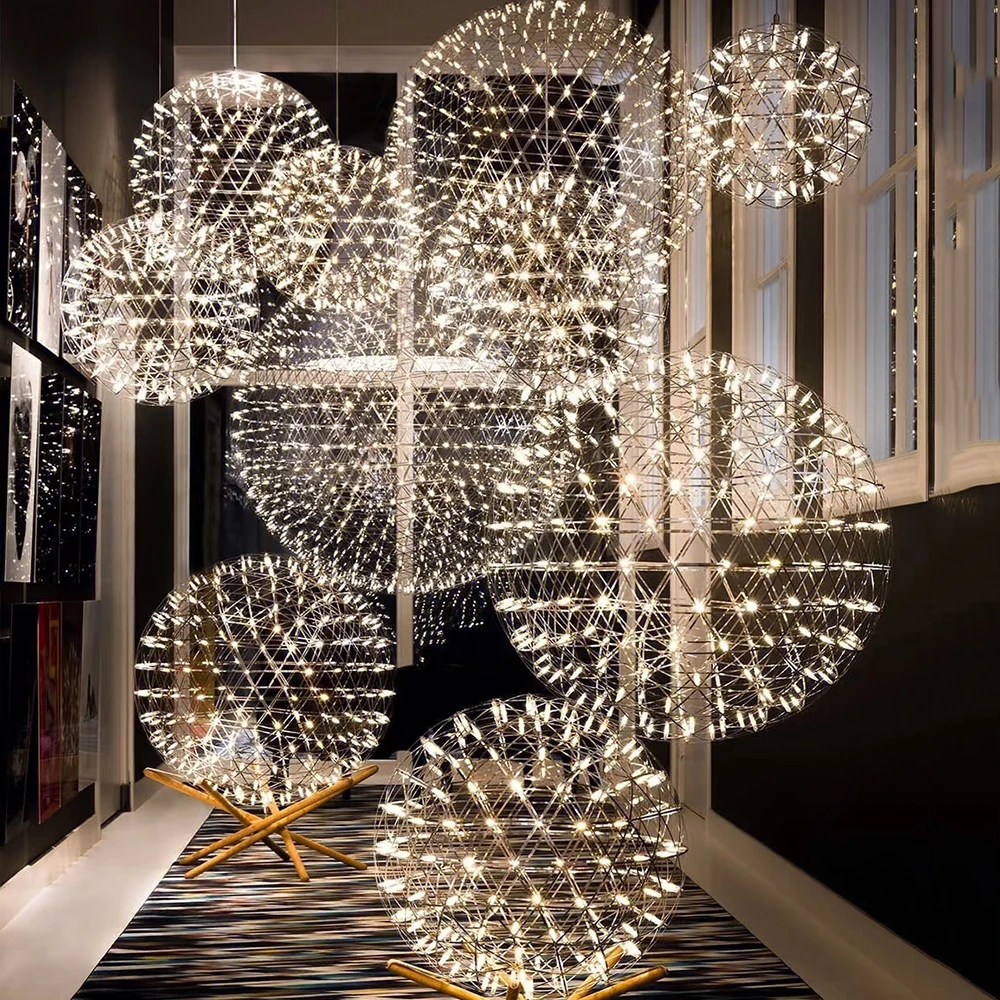 Modern Chandelier Firework Spark Ball Stainless Steel Pendant Light Indoor Home Decor Lighting Fixture Product Comes Unassembled
