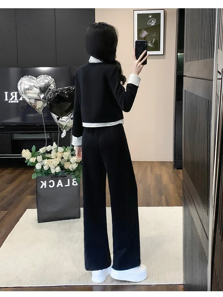 Design sense splicing fake two-piece top high waist straight-leg pants beautiful women's autumn 2025 new two-piece set