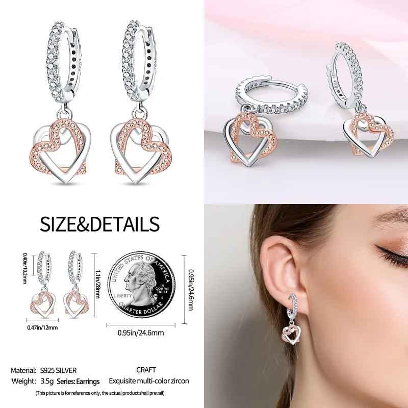 Valentine\'s Day 925 Sterling Silver Women\'s Shiny Pink Zircon Bow Spring Bouquet Earrings Suitable Fit Party Exquisite Jewelry
