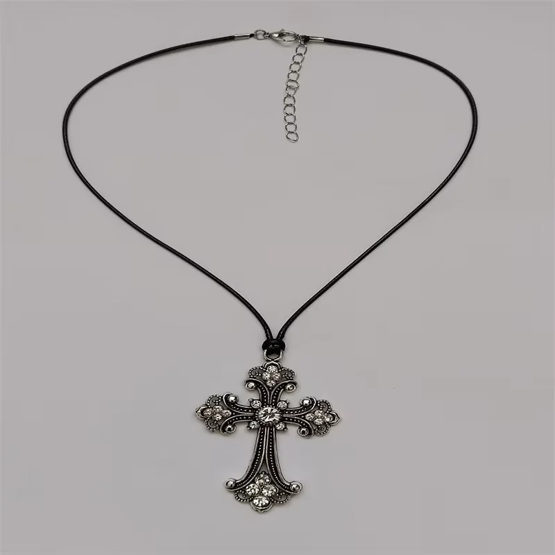 

Gothic cross pendant necklace with black cord and clasp,rhinestone cross choker goth punk hippie necklace