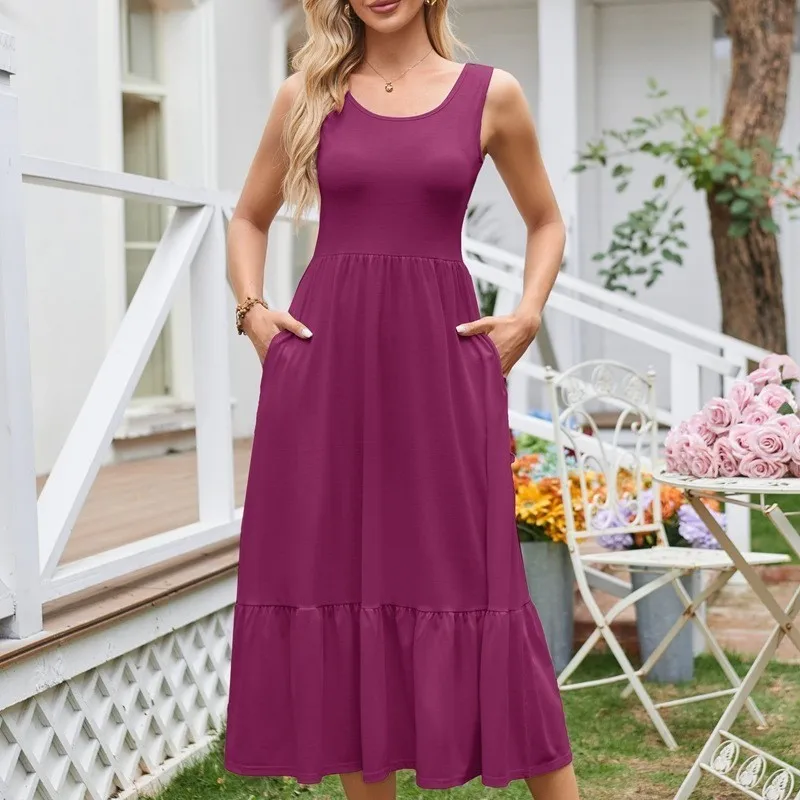 Abito casual con bretelle a pieghe Abito da donna elegante con scollo quadrato Una linea di abiti lunghi con canotta Abito estivo da spiaggia in tinta unita