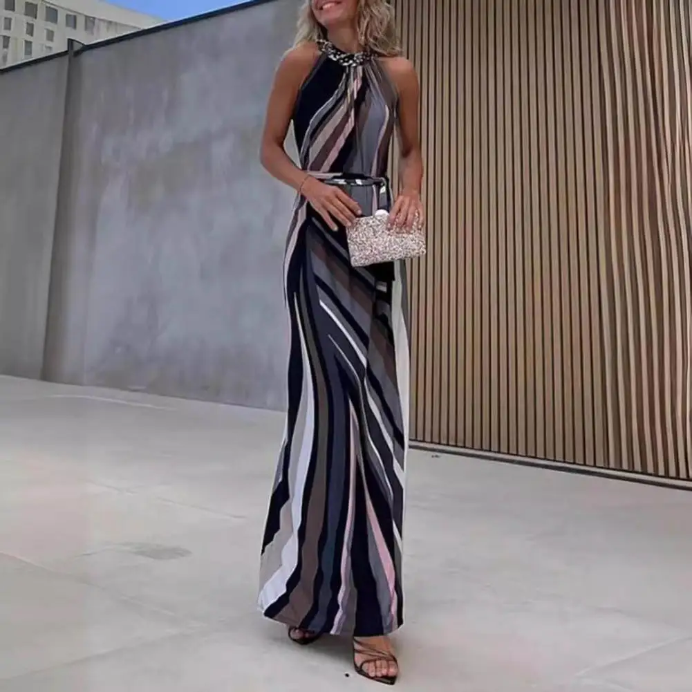 

Belted Halterneck Summer Dress Elegant Geometric Printed Maxi Dress Off Shoulder Slim Fit Halter Neck for Prom Cocktail Party