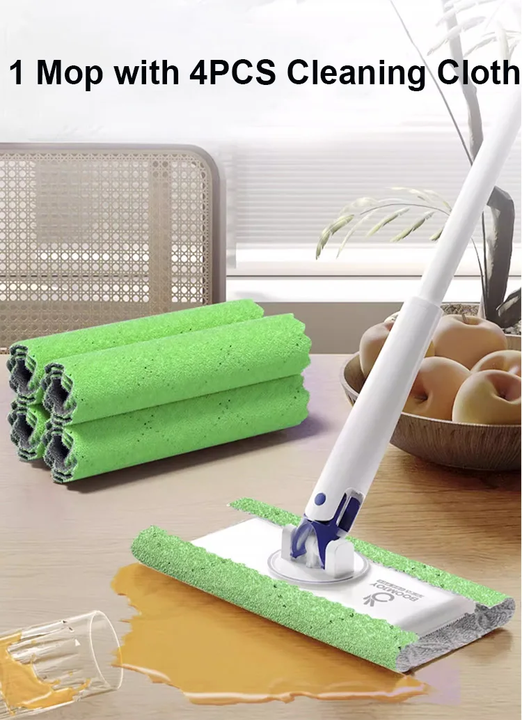 BOOMJOY Mini Hand Free Mop with 4PCS Replace Cloth for Kitchen Table, Window Glass ,Household Floor Cleaning Tools