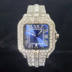 Luxury Diamond Watch Men Hip Hop Bling Iced Out Quartz Watches Fashion Blue Dial Silver Shiny Party Jewelry Relojes Dropshipping