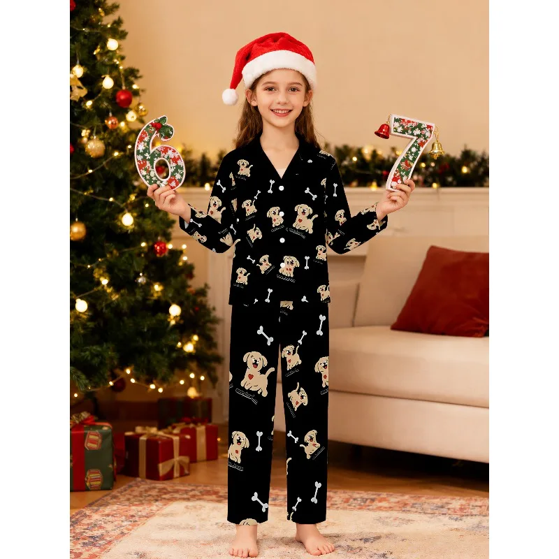 Kids Unisex Lapel Button Night Suit, Mixed Cartoon Rabbit Duck Puppy Cherry & Xmas Print Loungewear, Perfect Birthday Xmas Gift