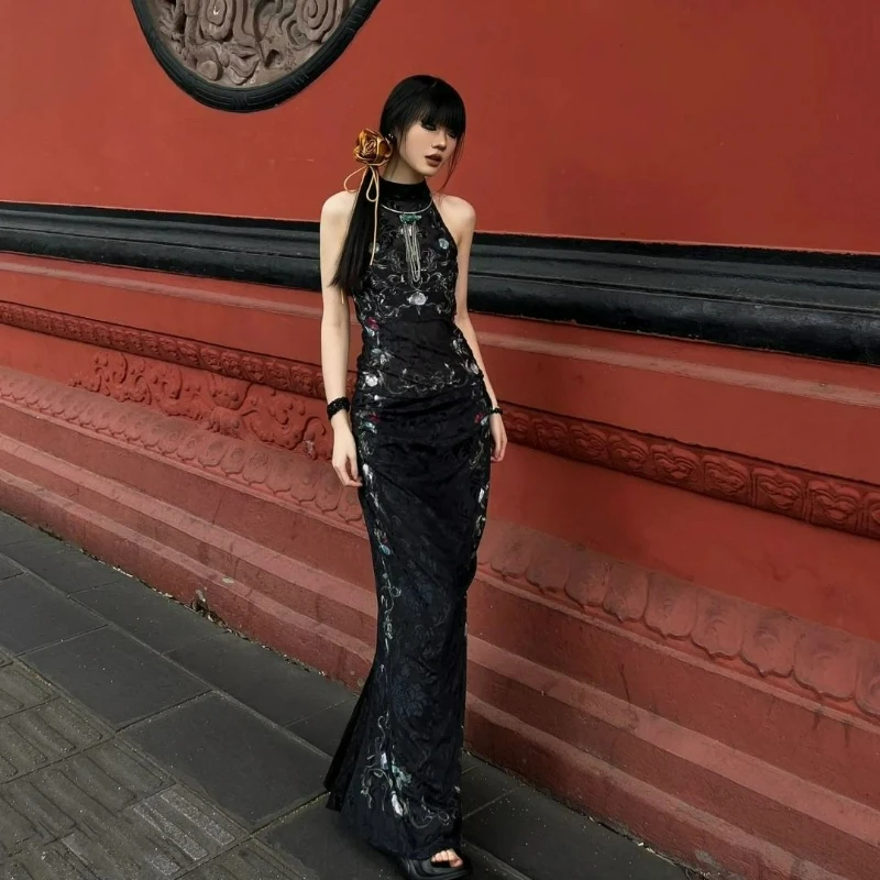 

2026 Summer Fashion Chinese Style Sexy Patterned Cheongsam Sleeveless Vest High-waisted Slimming Skirt Two-piece Set for Women