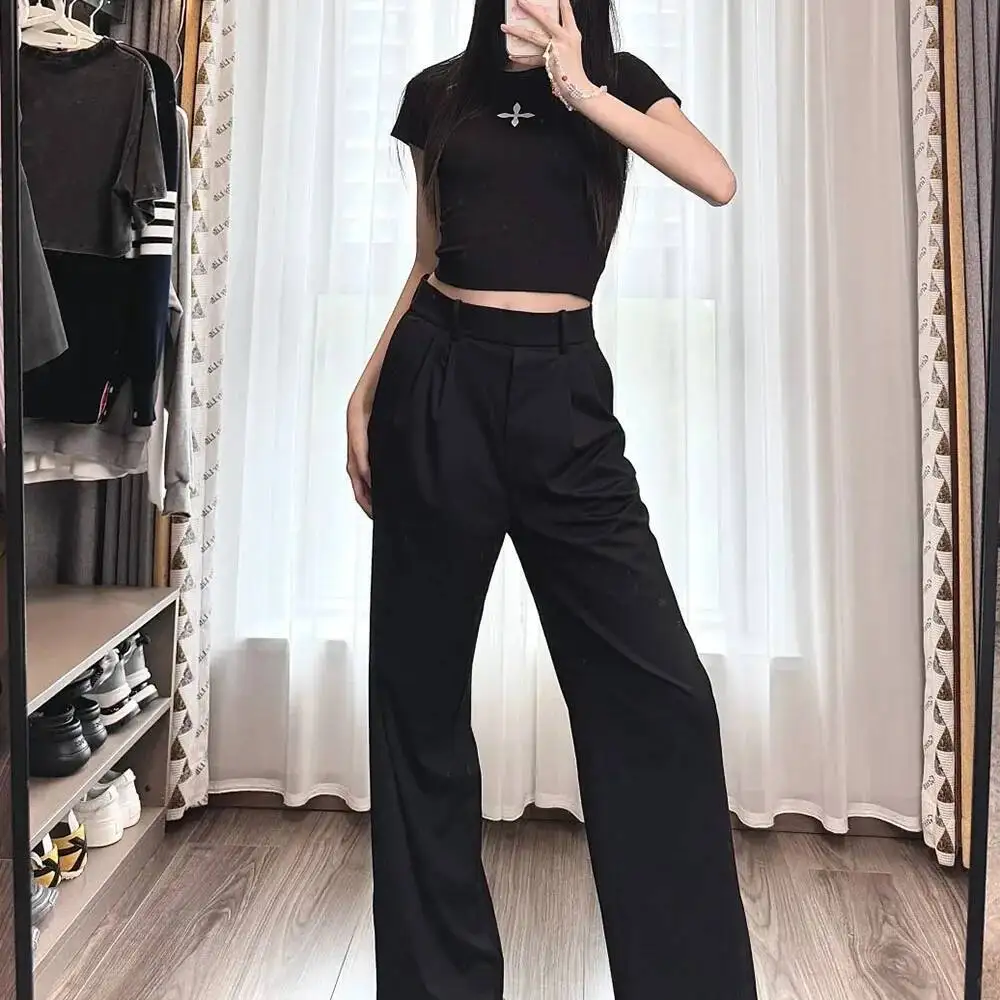 

Женский S новый карманный плиссированный костюм, брюки, широкие брюки с крутой сенсорной тканью, эластичная талия, четкая драпировка