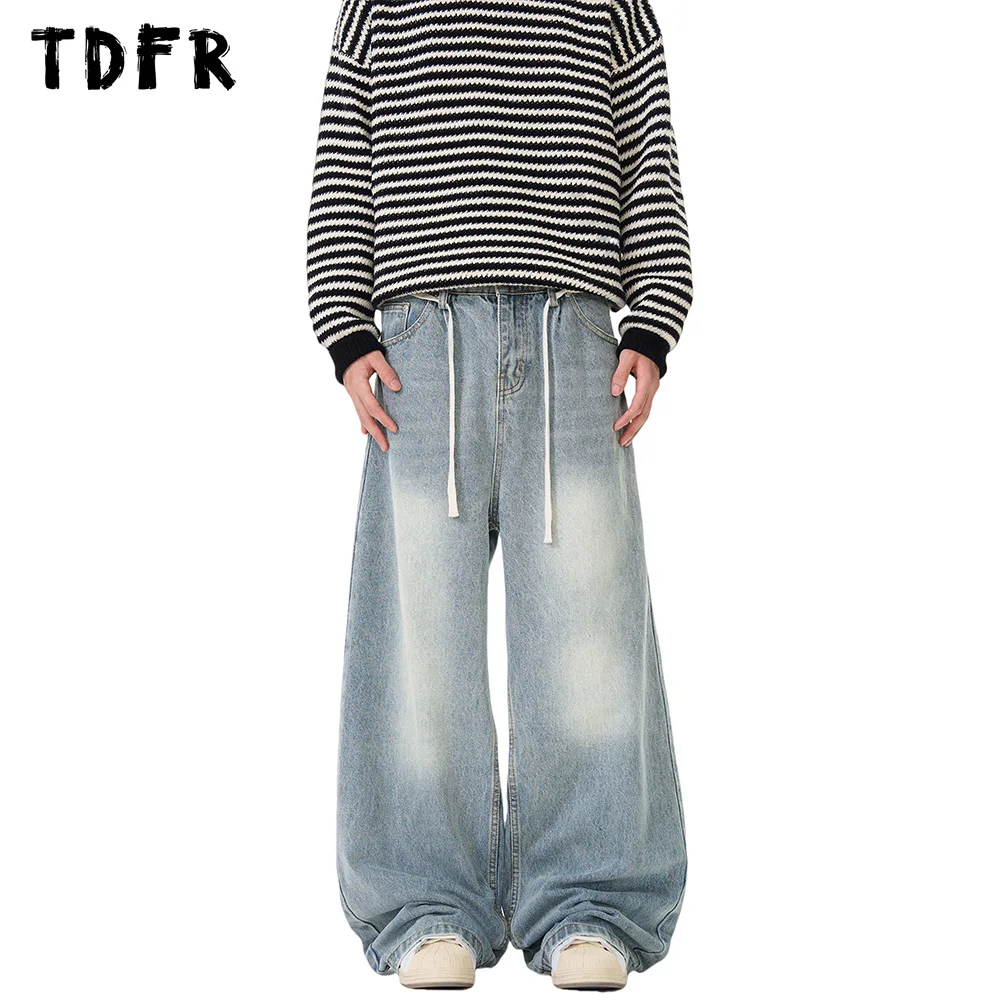 

Retro Sashes Jeans Mens Streetwear Loose Straight Washed Distressed Denim Wide-leg Pants Men