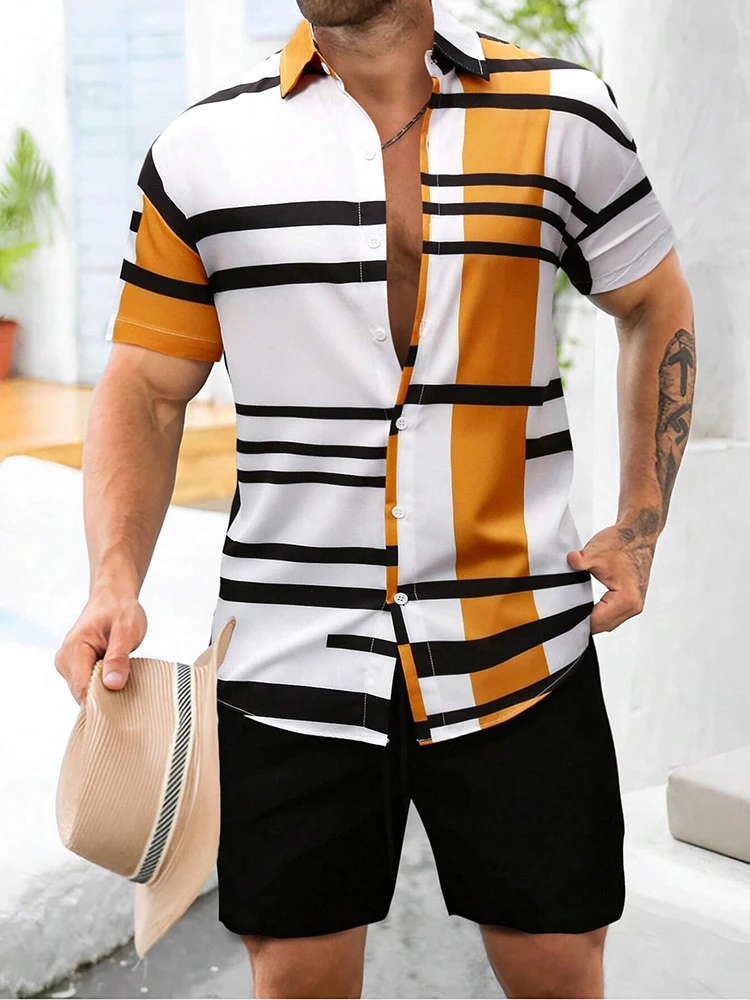 Men\'s Short-sleeved Shirt And Beach Shorts Set Daily Running Sports Men\'s Shorts Summer Urban Street Fashion Men\'s Casual Shirt