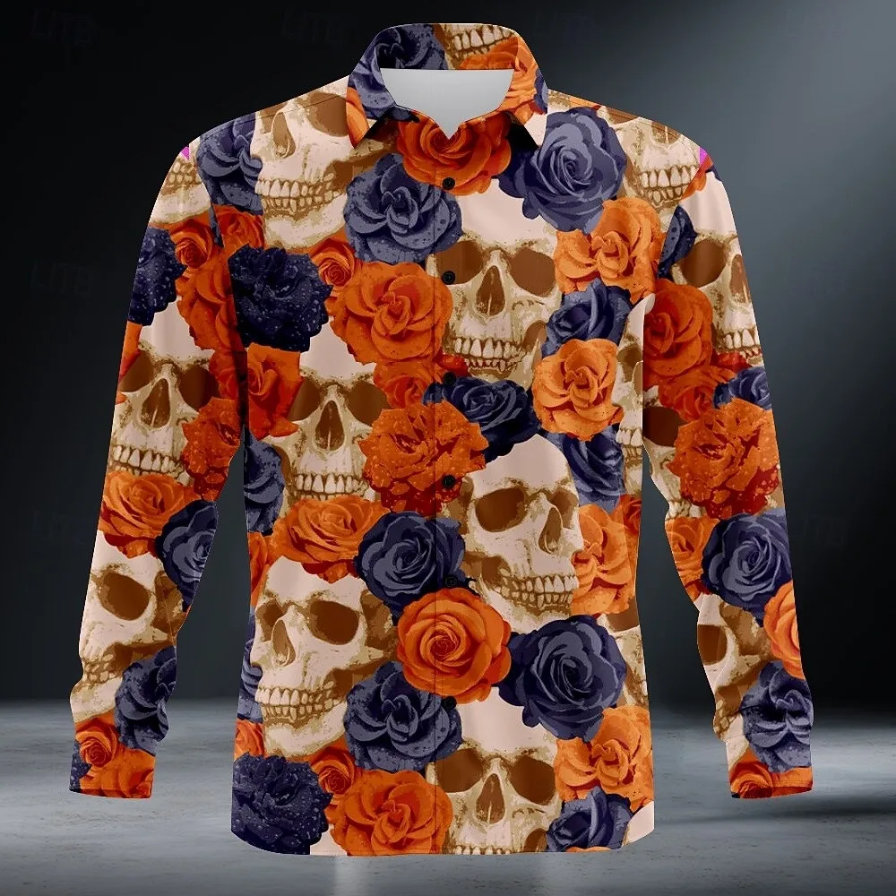 New men's long sleeved shirt button up shirt with rose pattern long sleeved dark punk gothic 3D skull print shirt