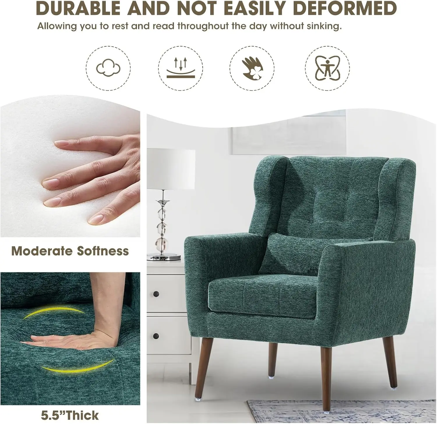 Conjunto de 2 cadeiras de destaque para sala de estar, poltrona moderna estofada em chenille, confortável, macia, acolchoada, verde enegrecido