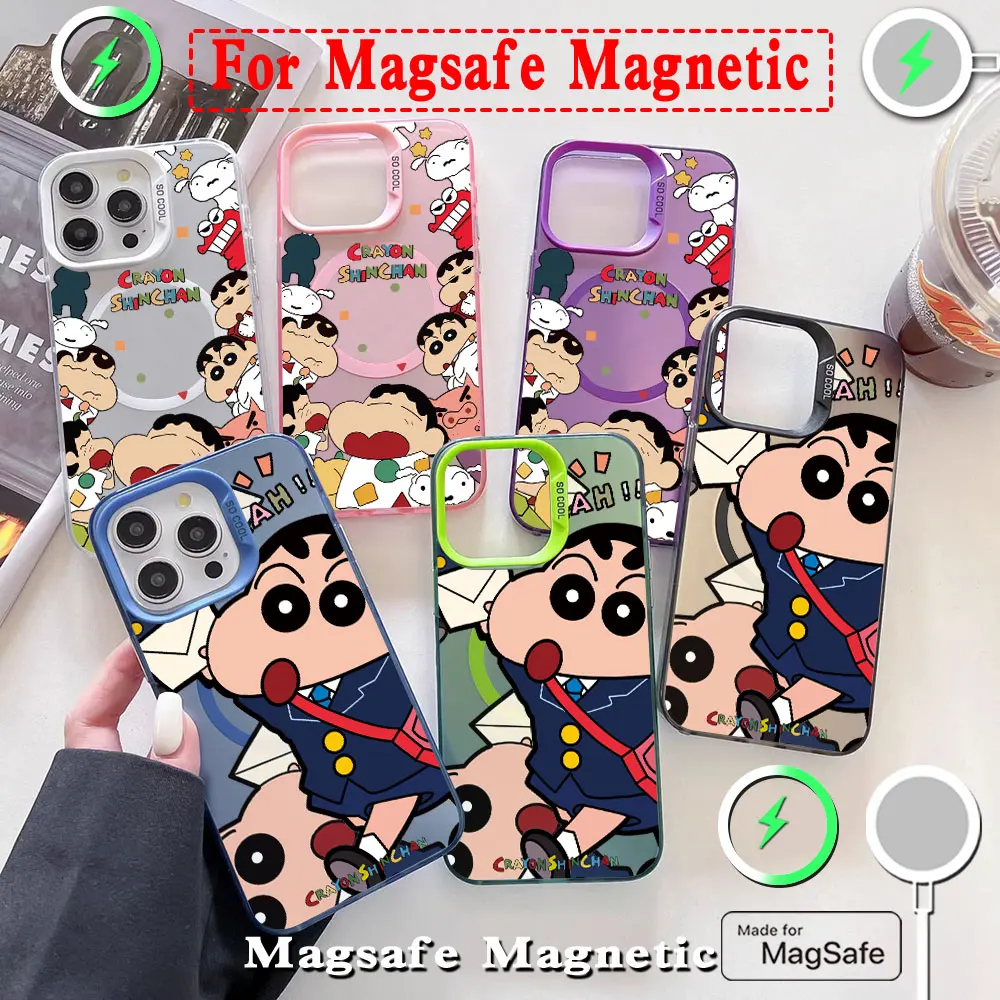 Anime Crayons Shin-chans Magsafe Magnetic Case for iPhone 11 12 13 14 15 16 Pro Max Plus Soft Silver Plated Anti Fall Cover