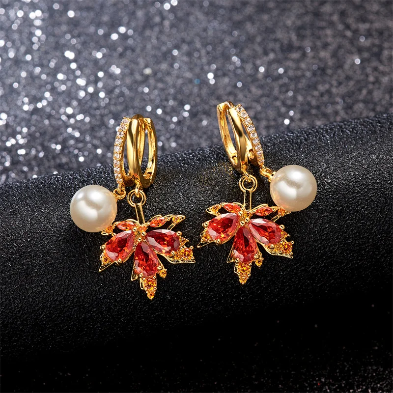 Exquisite Shiny Zircon Maple Leaves Pendant Earrings For Women Girls New Design Red Crystal Leaf Earrings Wedding Jewelry Gift