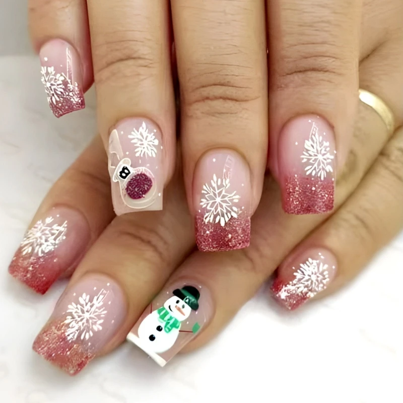 24Pcs Christmas Snowflake Press On Snowmen Designs French Tips False Drop Shipping