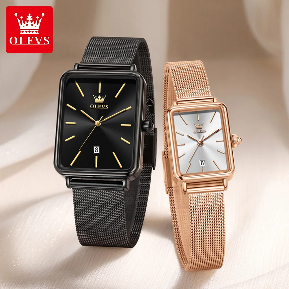 OLEVS 3692 Couple Watches Original Fashion Brand Waterproof Luminous Square Quartz Mesh Belt Date Watch Design For Daily