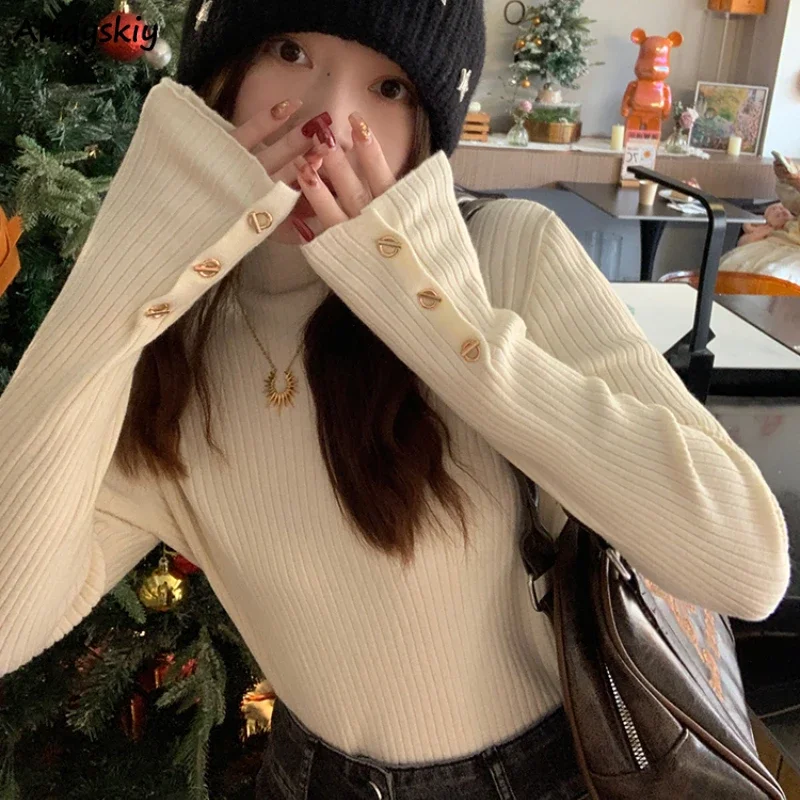 

Basic Knitted Pullovers Women Half High Collar Elegant Autumn Sweaters Sequined Sweet All-match Trendy Warm Stretchy