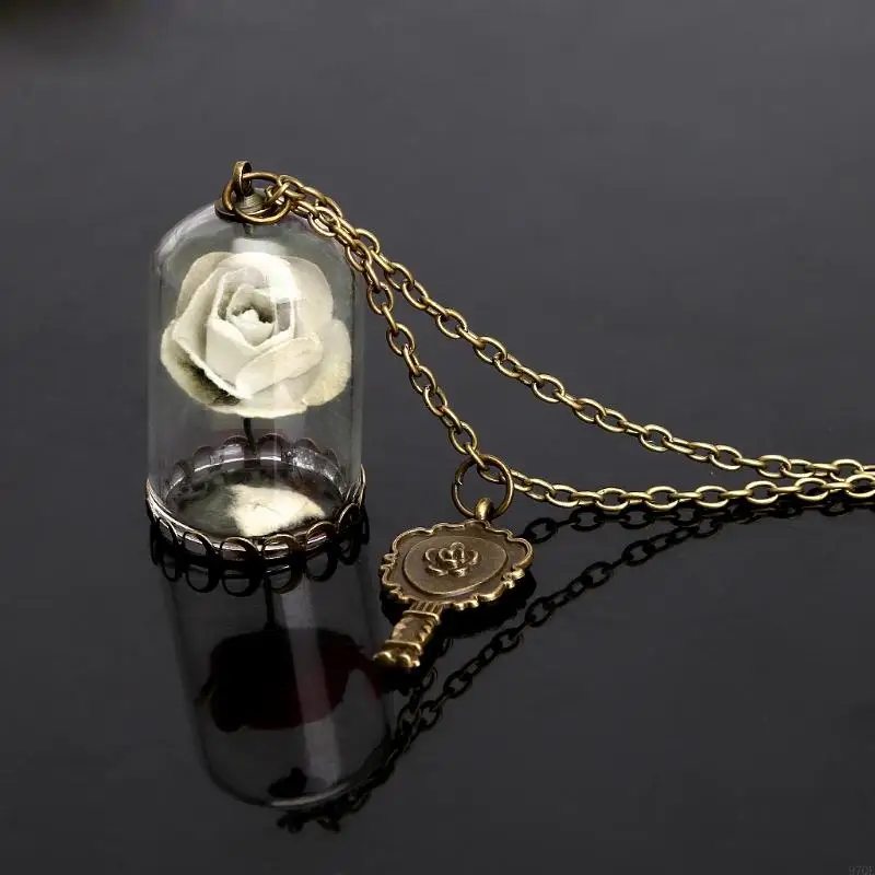 

97QE Women Romantic Dried Flowers Glass Vial Pendant Bronze Chain Beauty and Necklaces for Friend Parties Gatherings